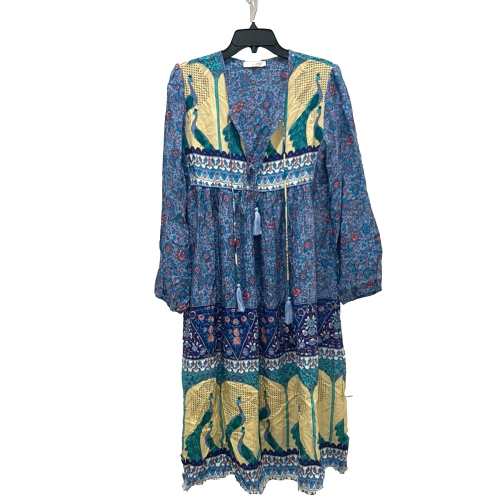 R.Vivimos Dress Midi Blue Floral Peacock Large Boho Country Tassel Y2K Whimsy